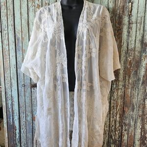Catherine's 1X sheer embroidered open kimono